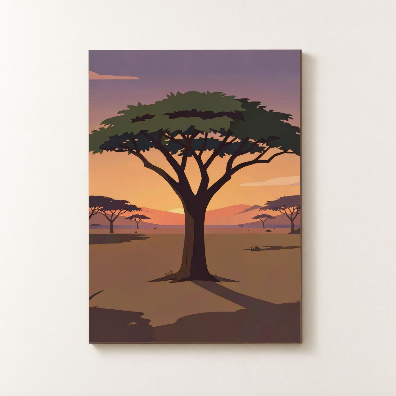 Vorderansicht des Holzposters mit Akazienbaum im Abendlicht