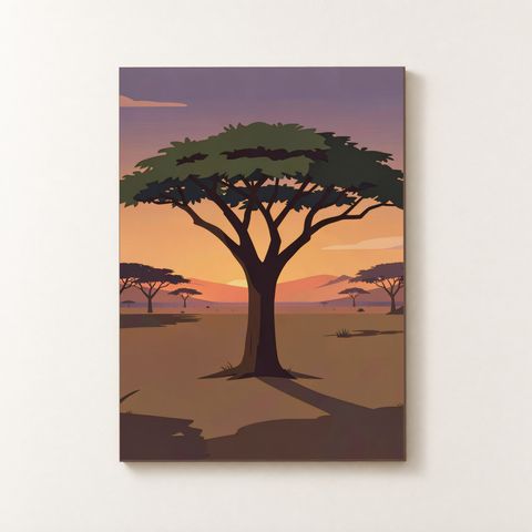 Vorderansicht des Holzposters mit Akazienbaum im Abendlicht