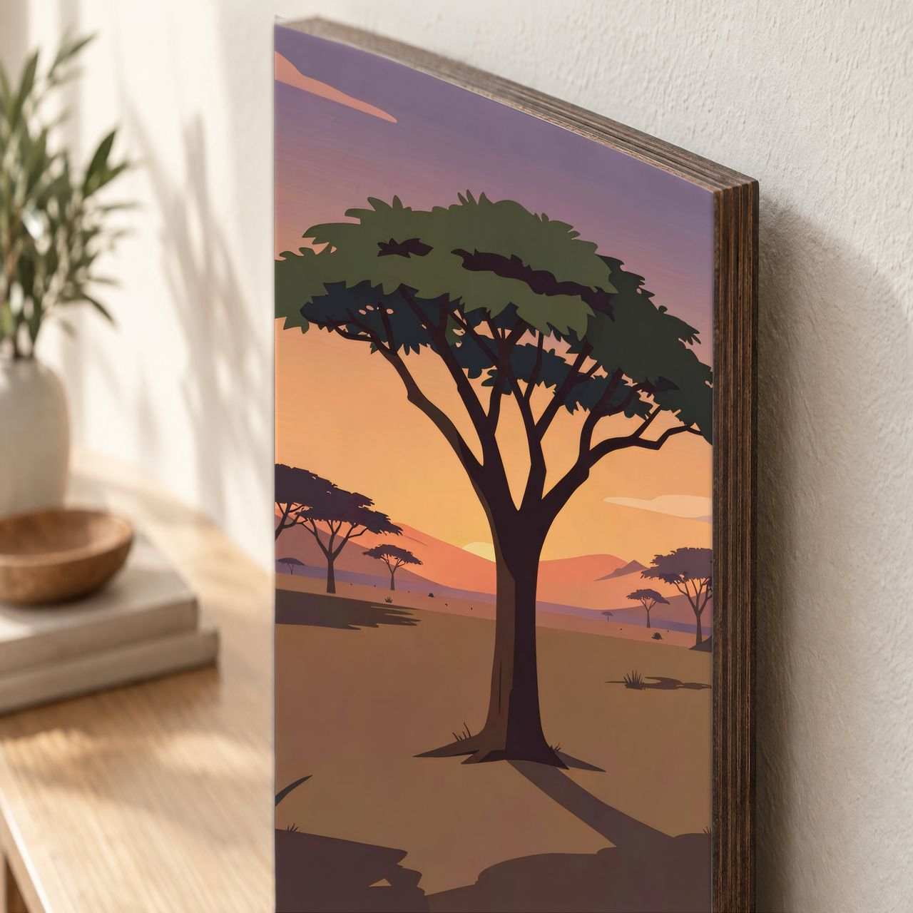 Holzposter Akazienbaum in der Dämmerung aus echtem Holz, 8–10 mm stark, mit sichtbarer Holzkante