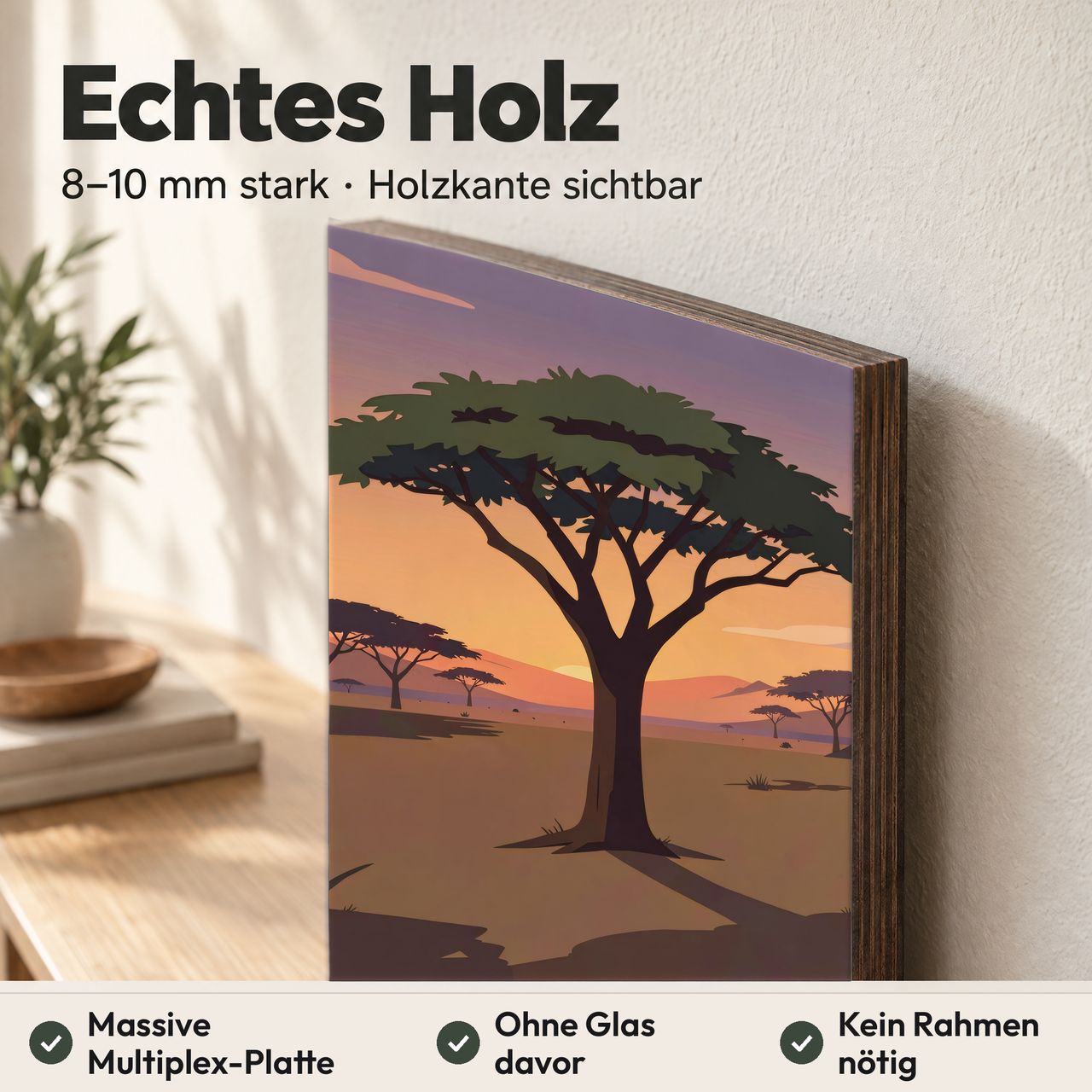 Holzposter Akazienbaum in der Dämmerung aus echtem Holz, 8–10 mm stark, mit sichtbarer Holzkante