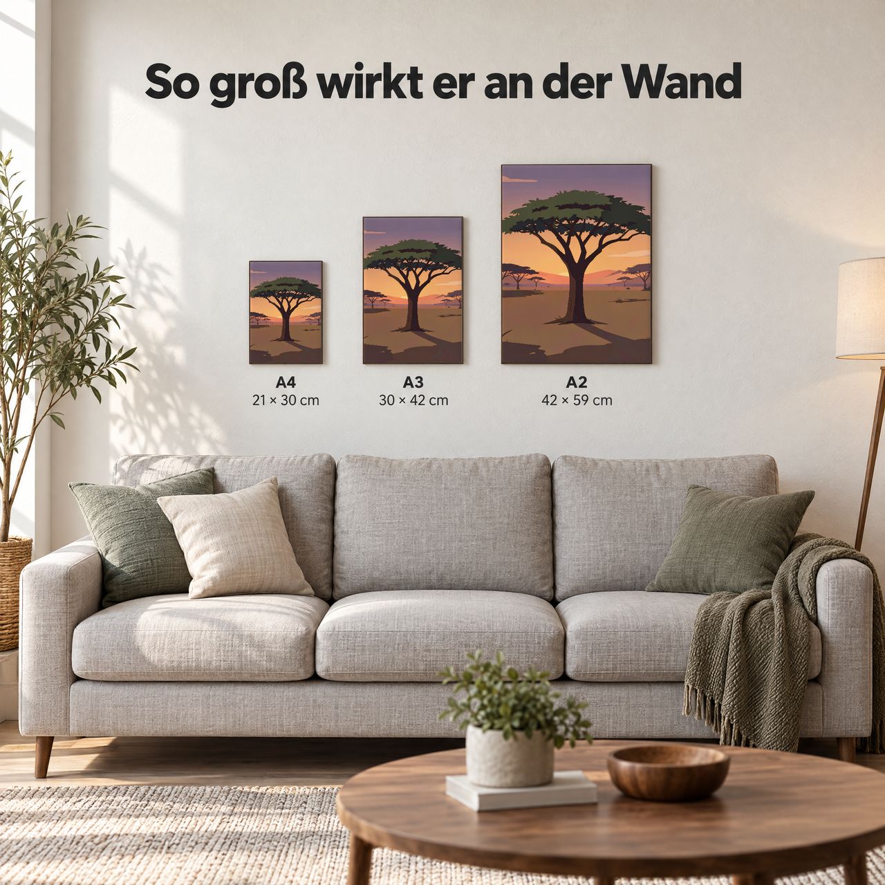 Holzposter Akazienbaum in der Dämmerung in A4, A3 und A2 an der Wand über dem Sofa: so groß wirkt er