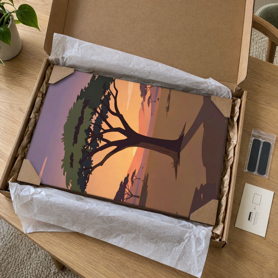 Holzposter Akazienbaum in der Dämmerung im Paket: mit Kantenschutz an allen vier Ecken und Seidenpapier verpackt