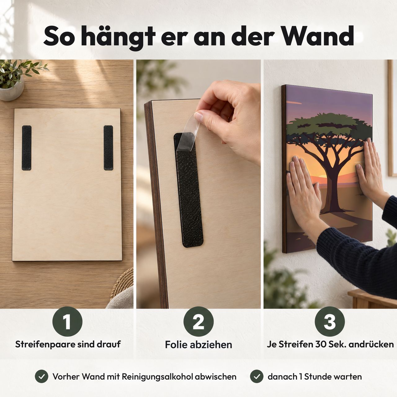 Holzposter Akazienbaum in der Dämmerung in 3 Schritten an der Wand: Streifen sind drauf, Folie abziehen, andrücken