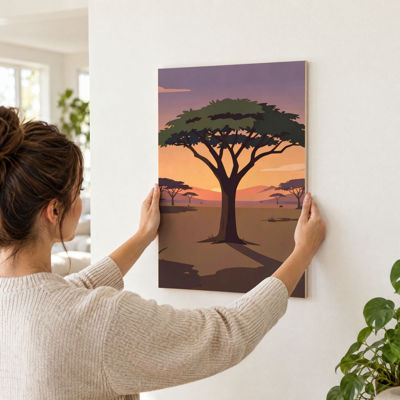 Akazienbaum in der Dämmerung Holzposter in den Händen gehalten