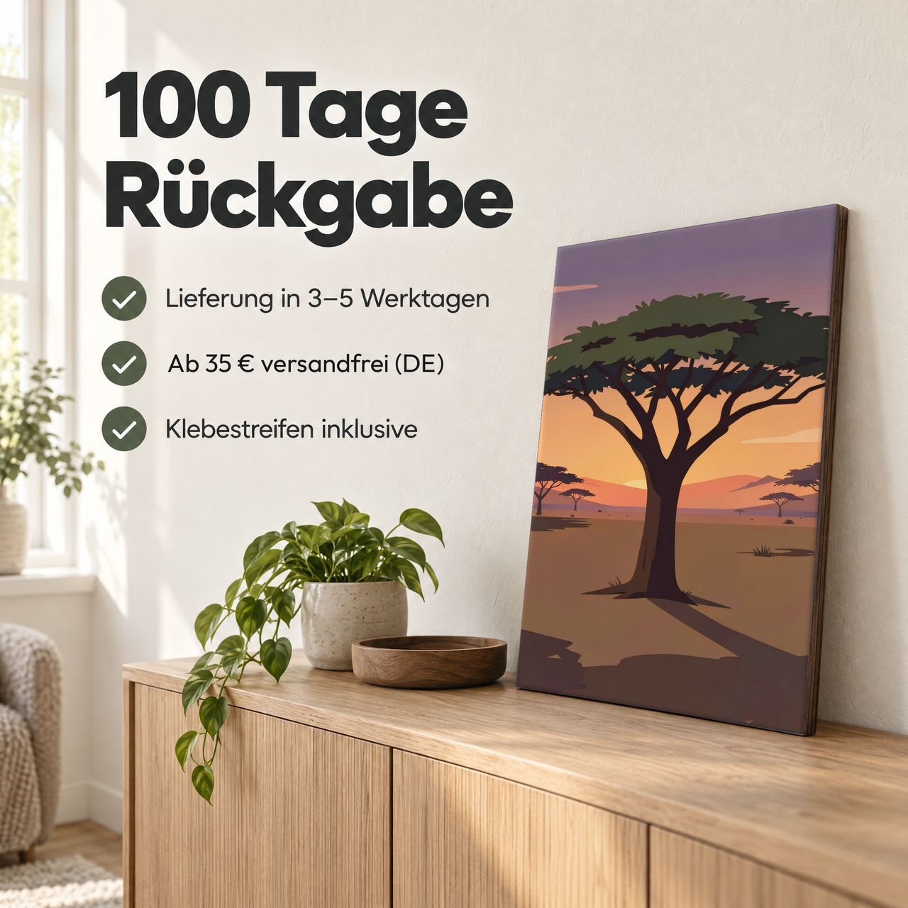 Holzposter Akazienbaum in der Dämmerung: 100 Tage Rückgabe, Lieferung in 3–5 Werktagen, Klebestreifen inklusive