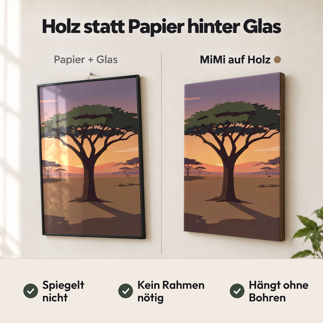 Holzposter Akazienbaum in der Dämmerung im Vergleich: Papier hinter Glas spiegelt, MiMi auf Holz nicht
