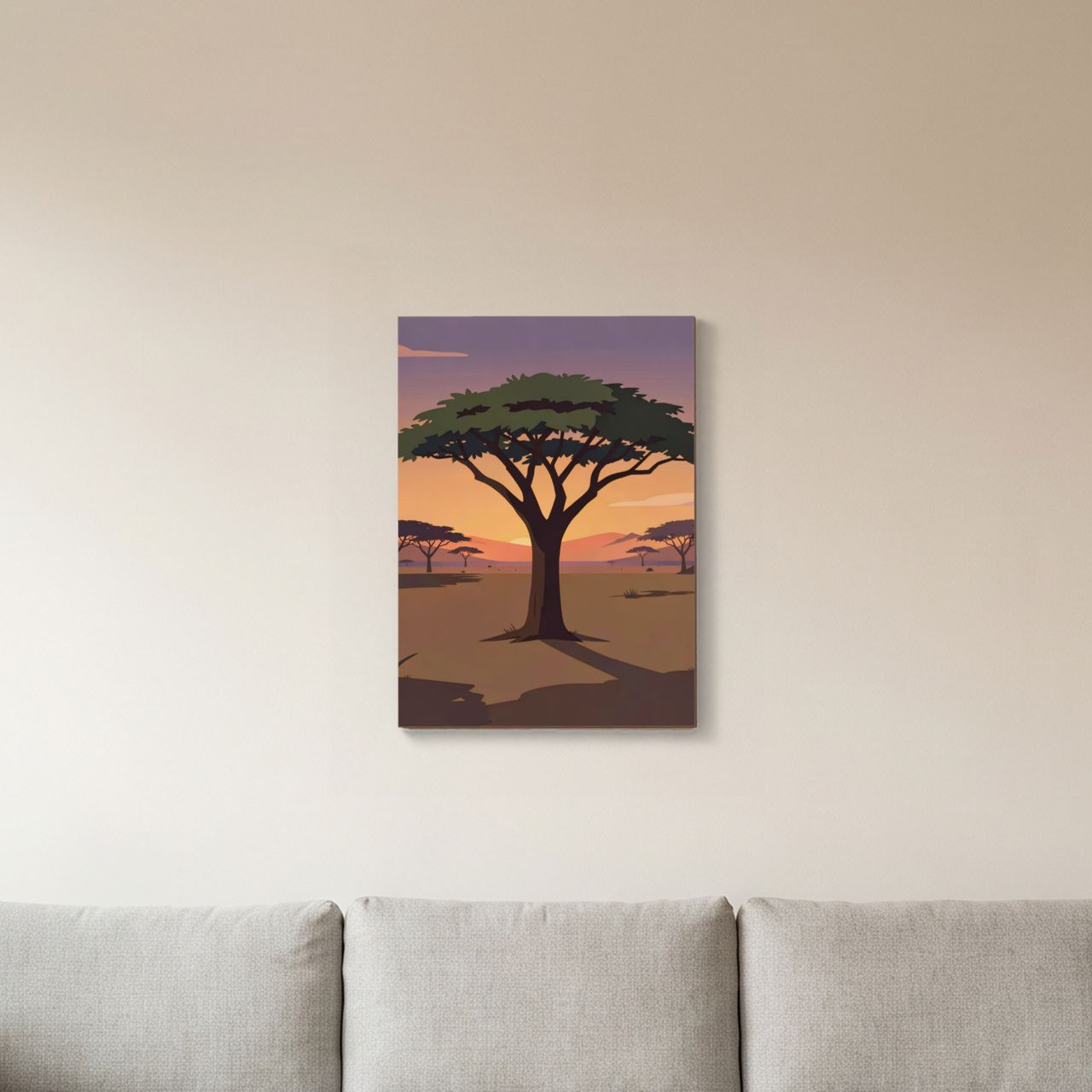 Holzposter im Wohnzimmer, Akazienbaum bei Dämmerung