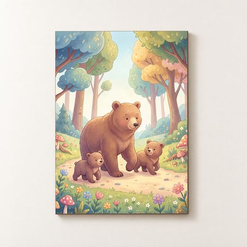 Vorderansicht des Holzposters mit Bärenfamilie im pastellfarbenen Wald