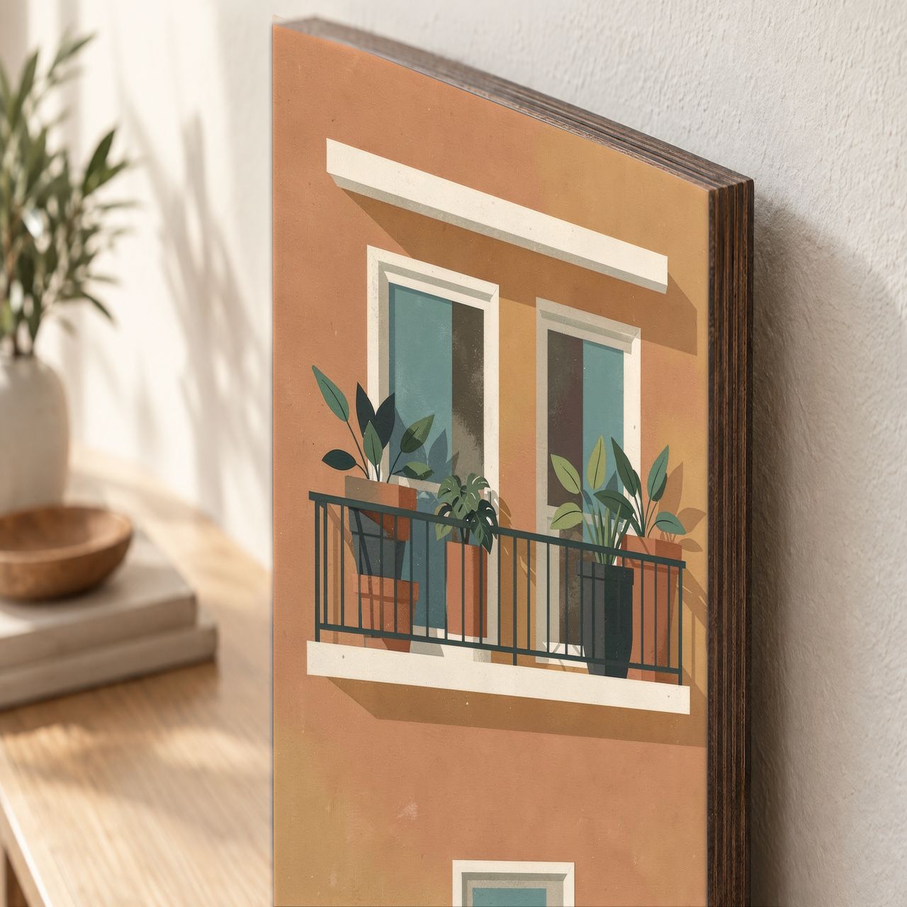 Holzposter Balkon mit Pflanzen im Midcentury-Stil aus echtem Holz, 8–10 mm stark, mit sichtbarer Holzkante