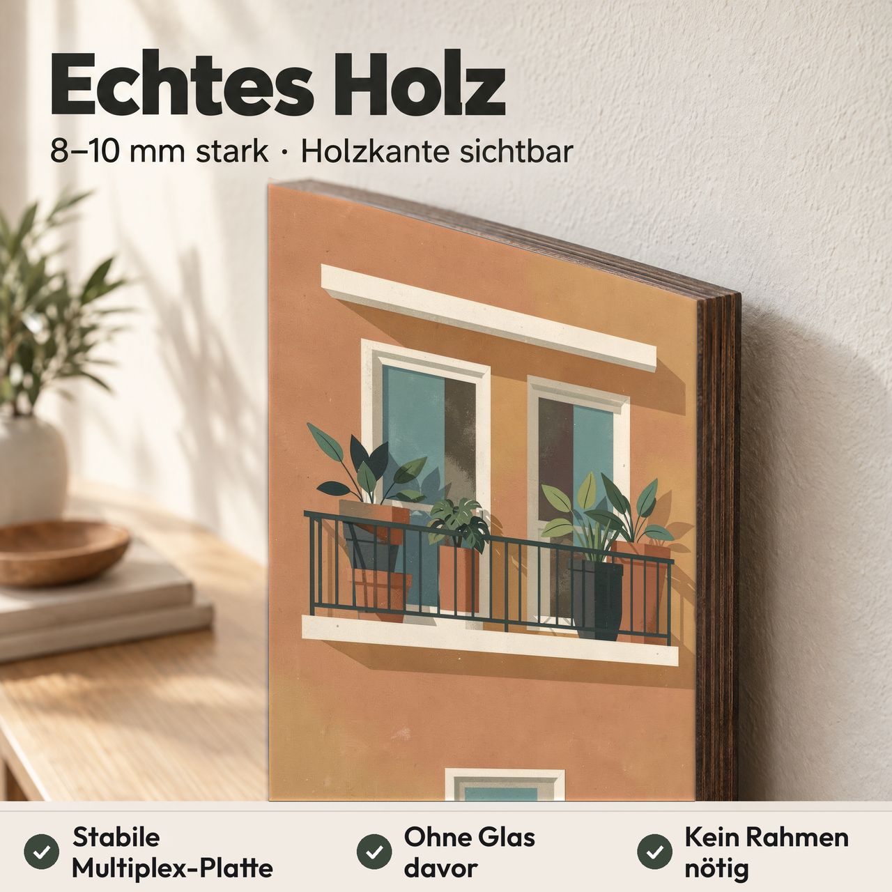 Holzposter Balkon mit Pflanzen im Midcentury-Stil aus echtem Holz, 8–10 mm stark, mit sichtbarer Holzkante
