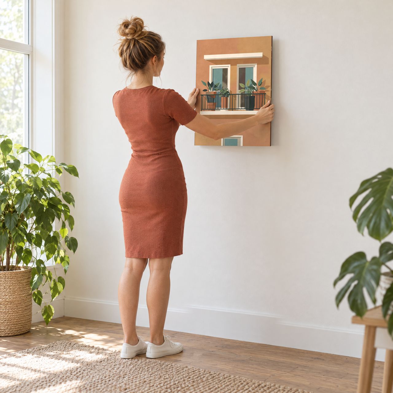 Balkon mit Pflanzen im Midcentury-Stil Holzposter in den Händen gehalten