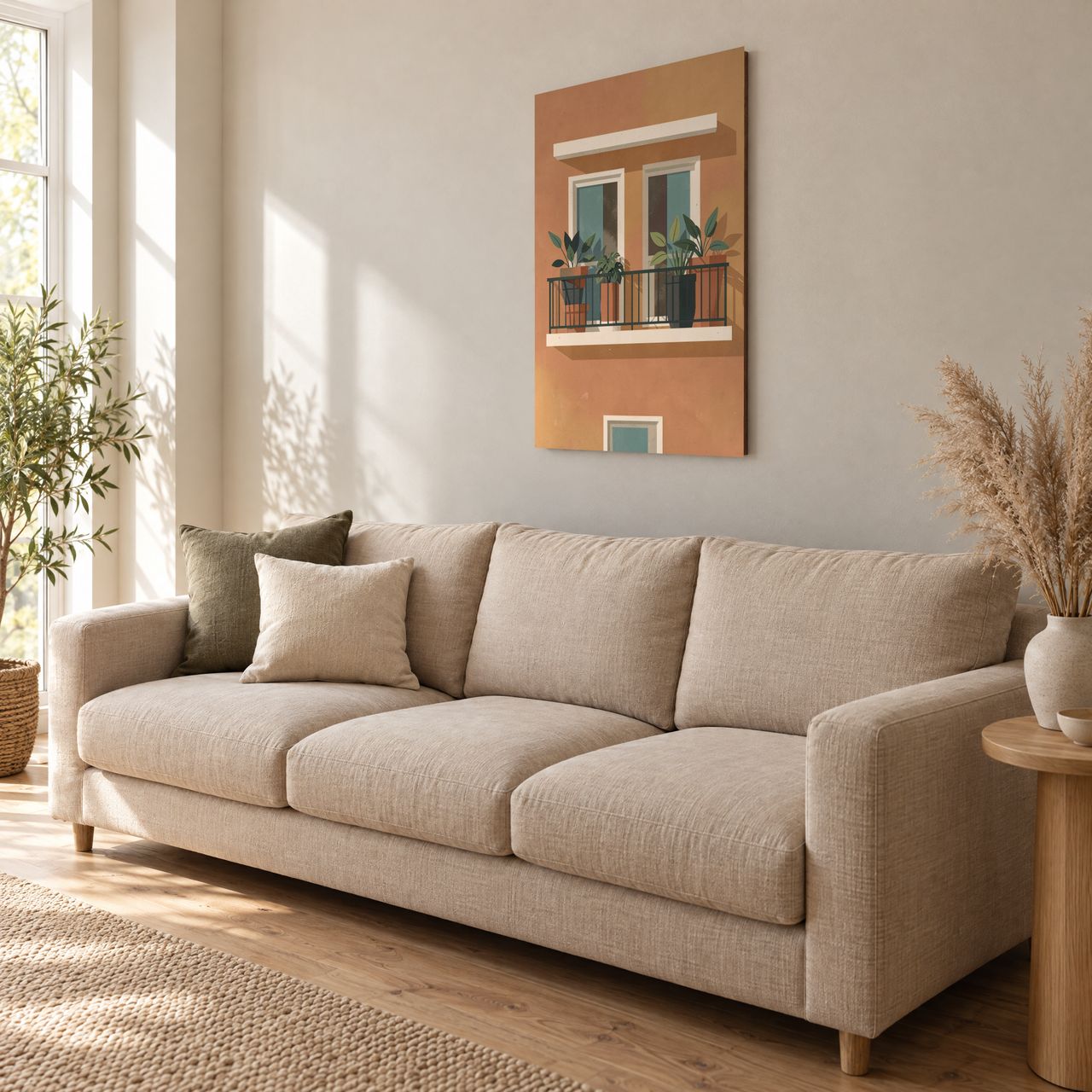 Balkon mit Pflanzen im Midcentury-Stil Holzposter über einem hellen Sofa im Wohnzimmer, schräg von der Seite gesehen