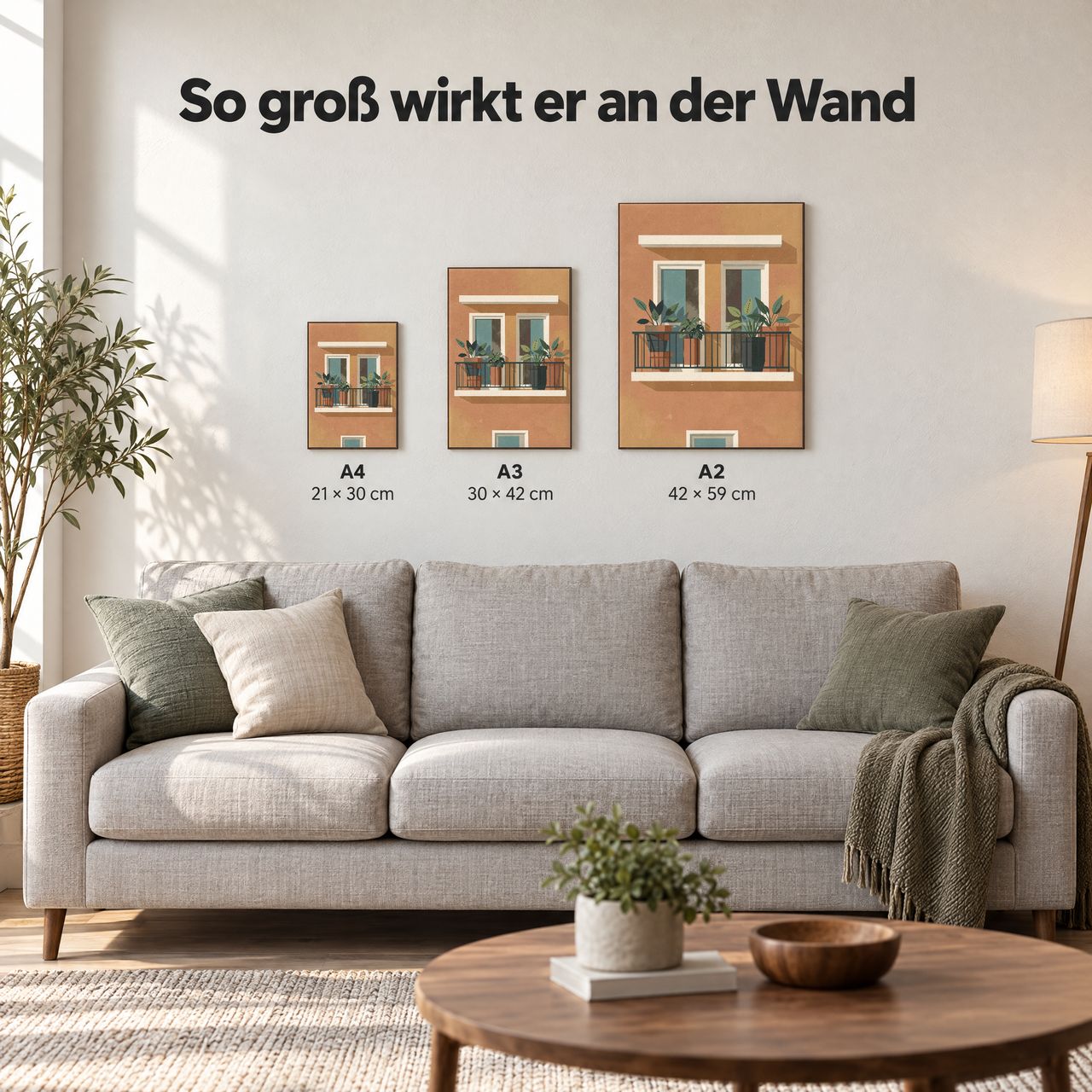Holzposter Balkon mit Pflanzen im Midcentury-Stil in A4, A3 und A2 an der Wand über dem Sofa: so groß wirkt er