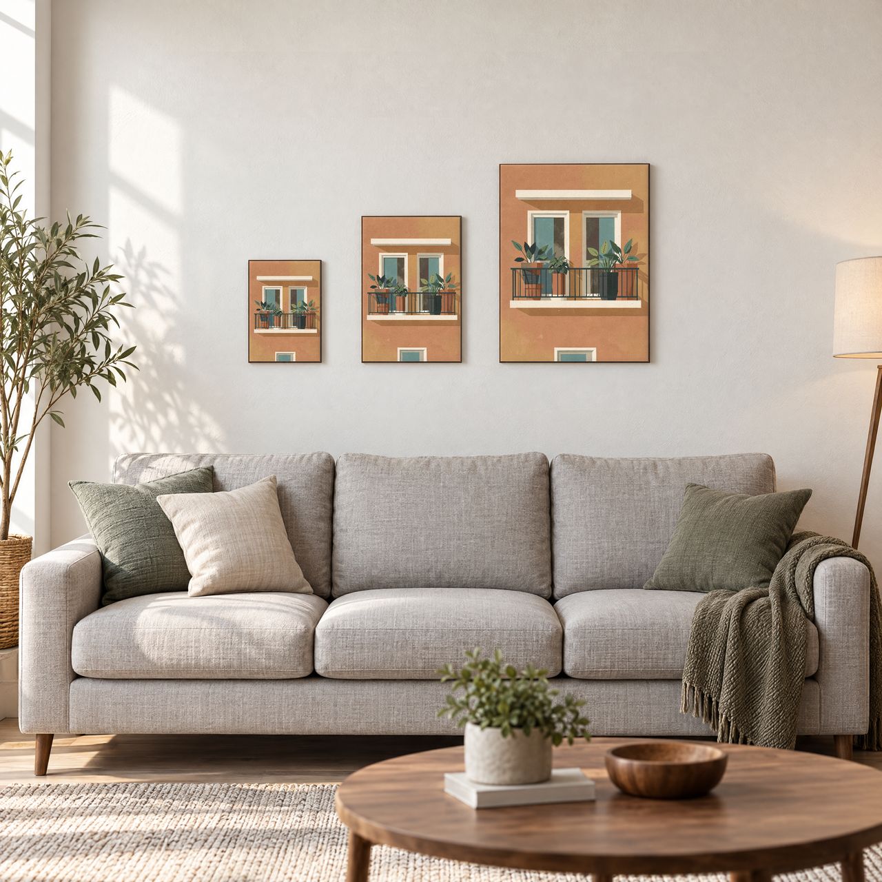 Holzposter Balkon mit Pflanzen im Midcentury-Stil in drei Größen, A4, A3 und A2, an der Wand über dem Sofa