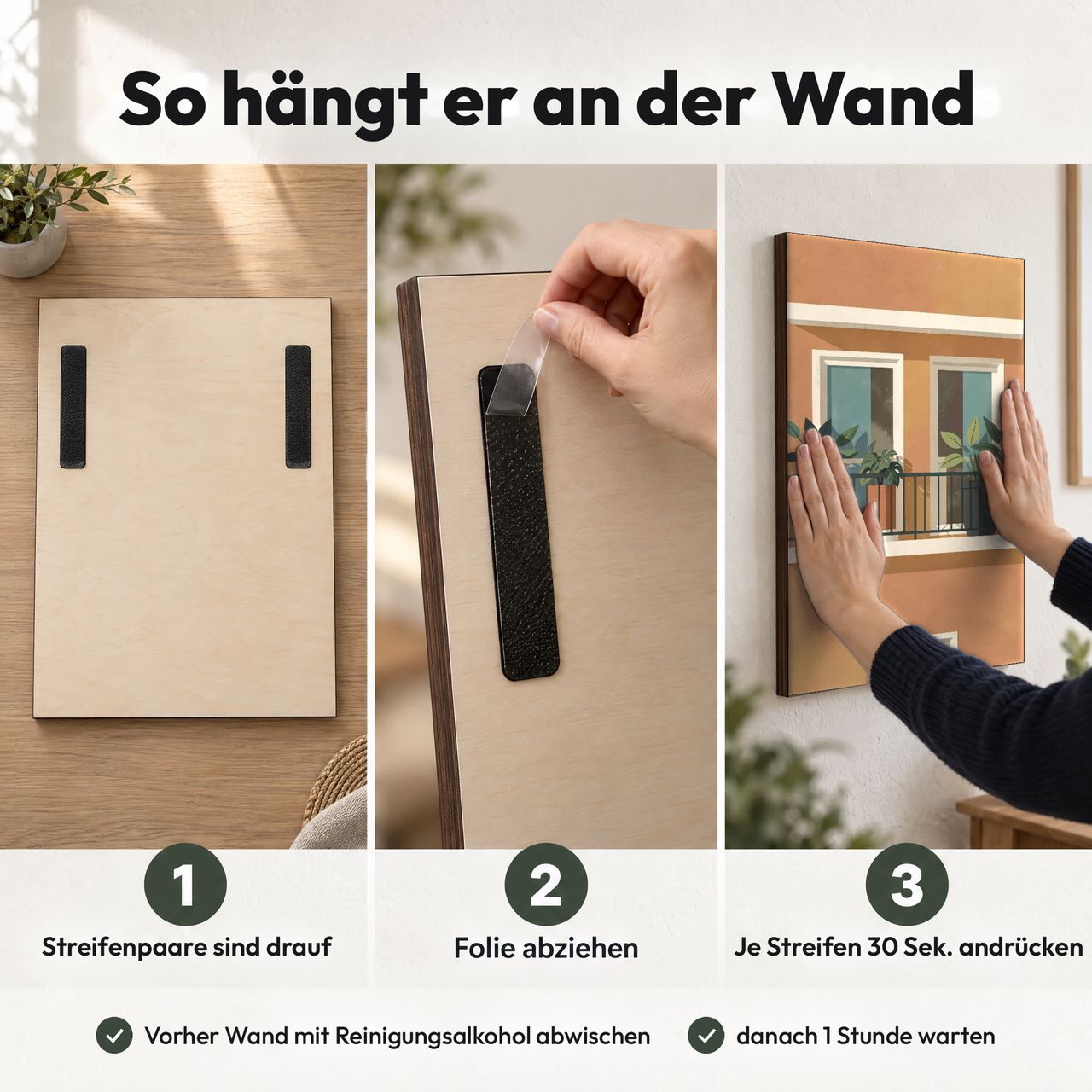 Holzposter Balkon mit Pflanzen im Midcentury-Stil in 3 Schritten an der Wand: Streifen sind drauf, Folie abziehen, andrücken
