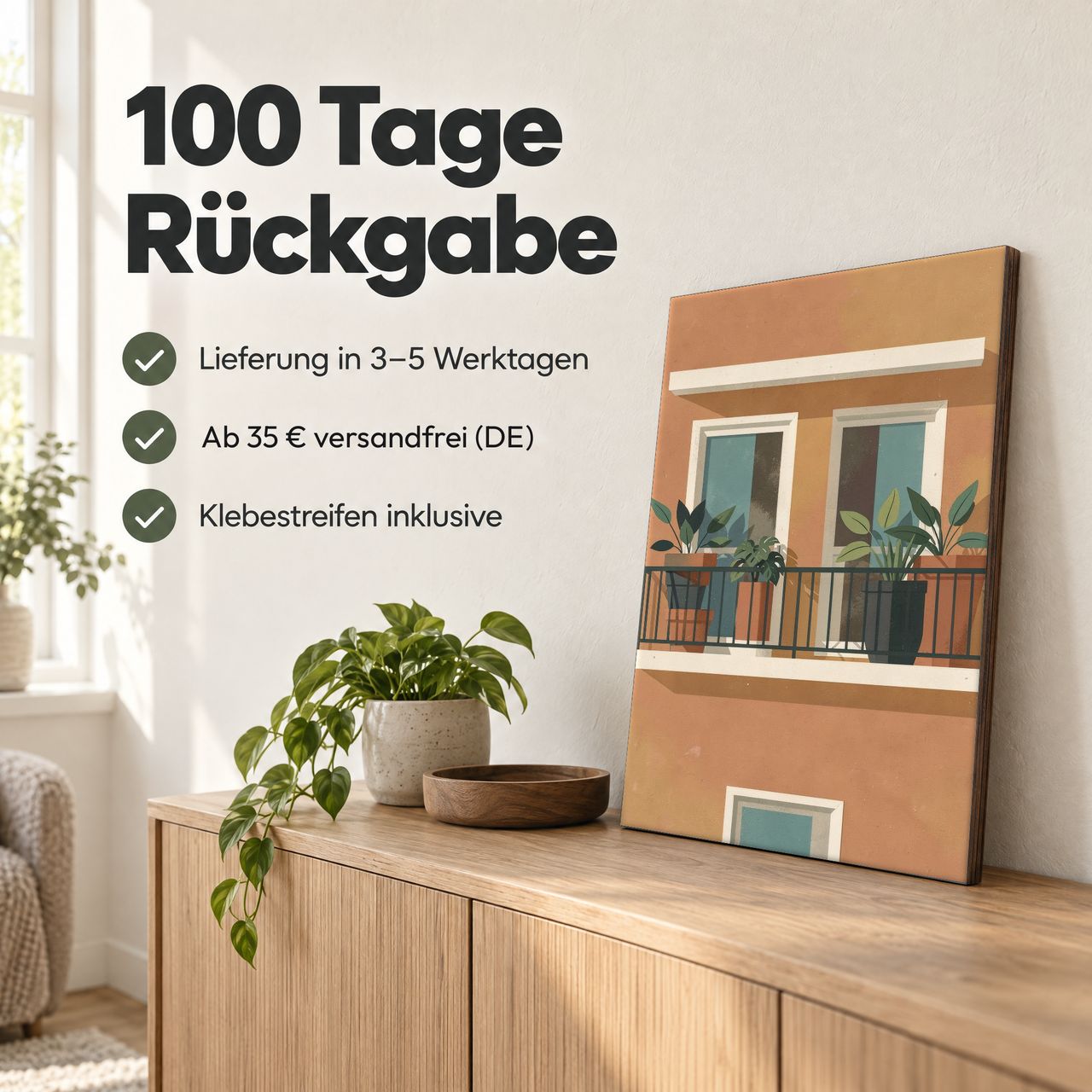 Holzposter Balkon mit Pflanzen im Midcentury-Stil: 100 Tage Rückgabe, Lieferung in 3–5 Werktagen, Klebestreifen inklusive