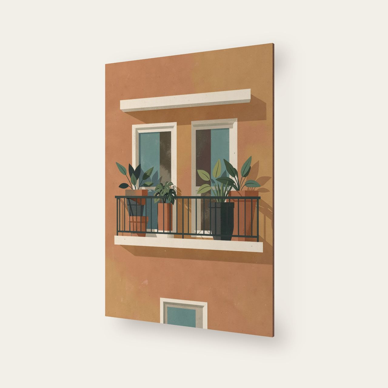 Schräg aufgenommenes Holzposter, sichtbare Holzkante mit Schichten, Balkonmotiv klar erkennbar