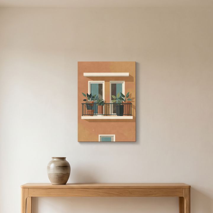 Holzposter hängt gerade an einer glatten Wand im Flur