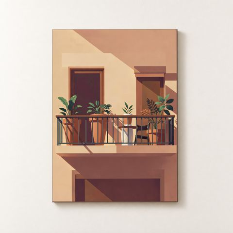 Vorderansicht des Holzposters: Balkon mit Terrakotta‑Blumentöpfen, Holzbank und dunklem Eisen­geländer
