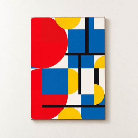 Vorderansicht des Holzposters mit Bauhaus Formen in Rot, Gelb, Blau, Schwarz und Off‑White