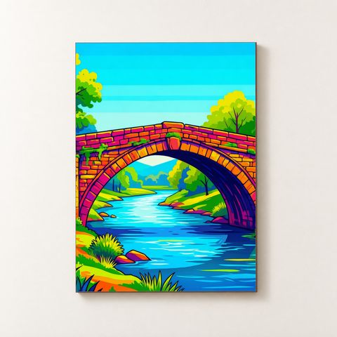 Vorderansicht des Holzposters mit bunter Steinbrücke im Pop‑Stil