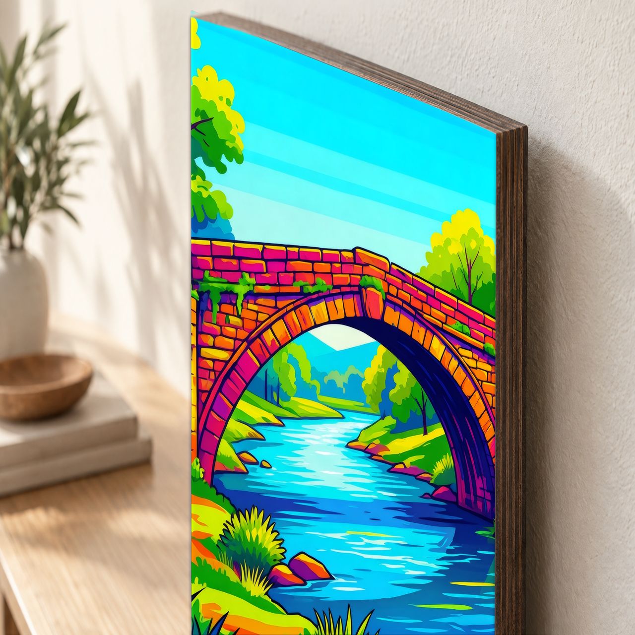 Holzposter Bunte Steinbrücke im Pop‑Stil aus echtem Holz, 8–10 mm stark, mit sichtbarer Holzkante