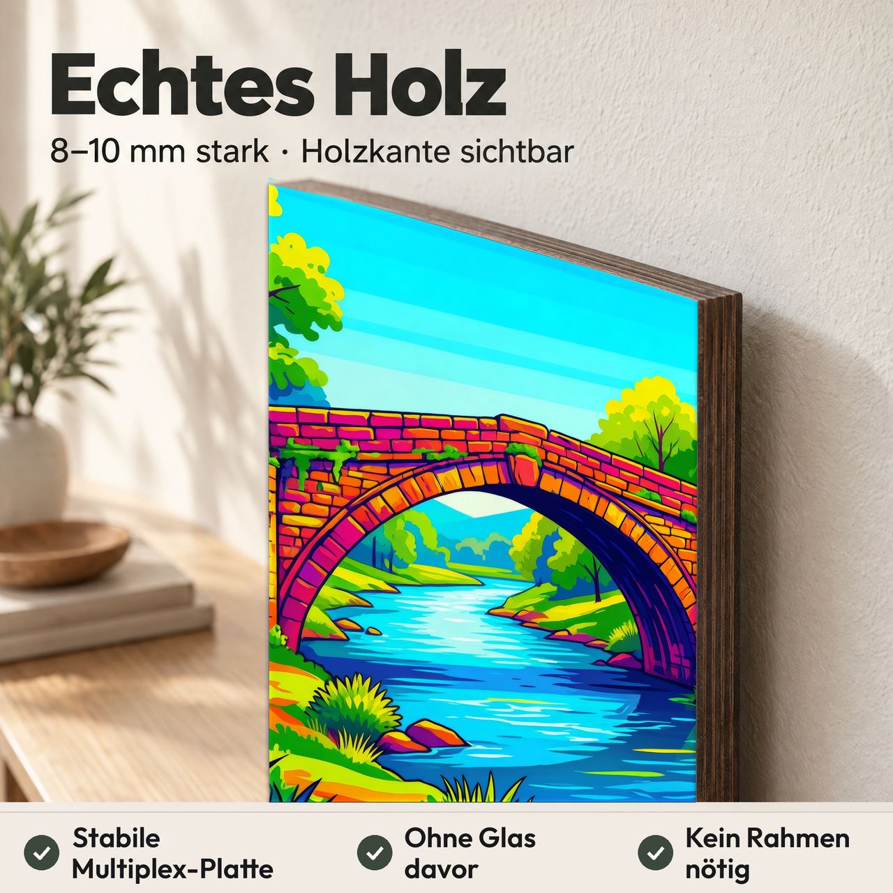 Holzposter Bunte Steinbrücke im Pop‑Stil aus echtem Holz, 8–10 mm stark, mit sichtbarer Holzkante