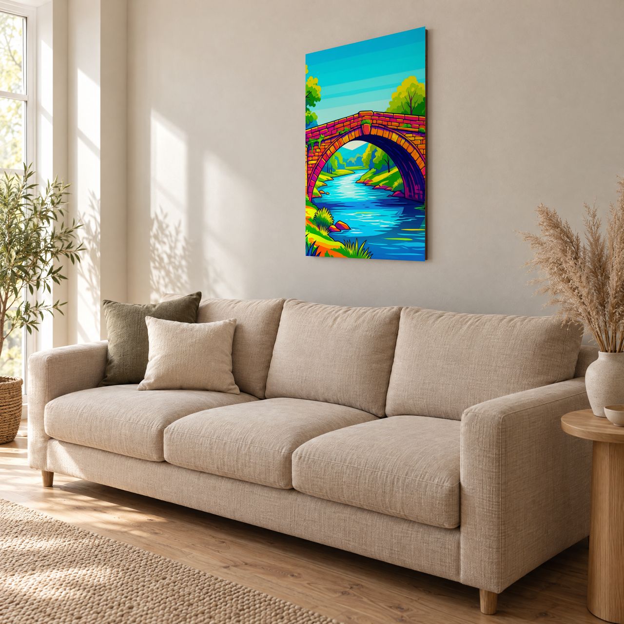 Bunte Steinbrücke im Pop‑Stil Holzposter über einem hellen Sofa im Wohnzimmer, schräg von der Seite gesehen
