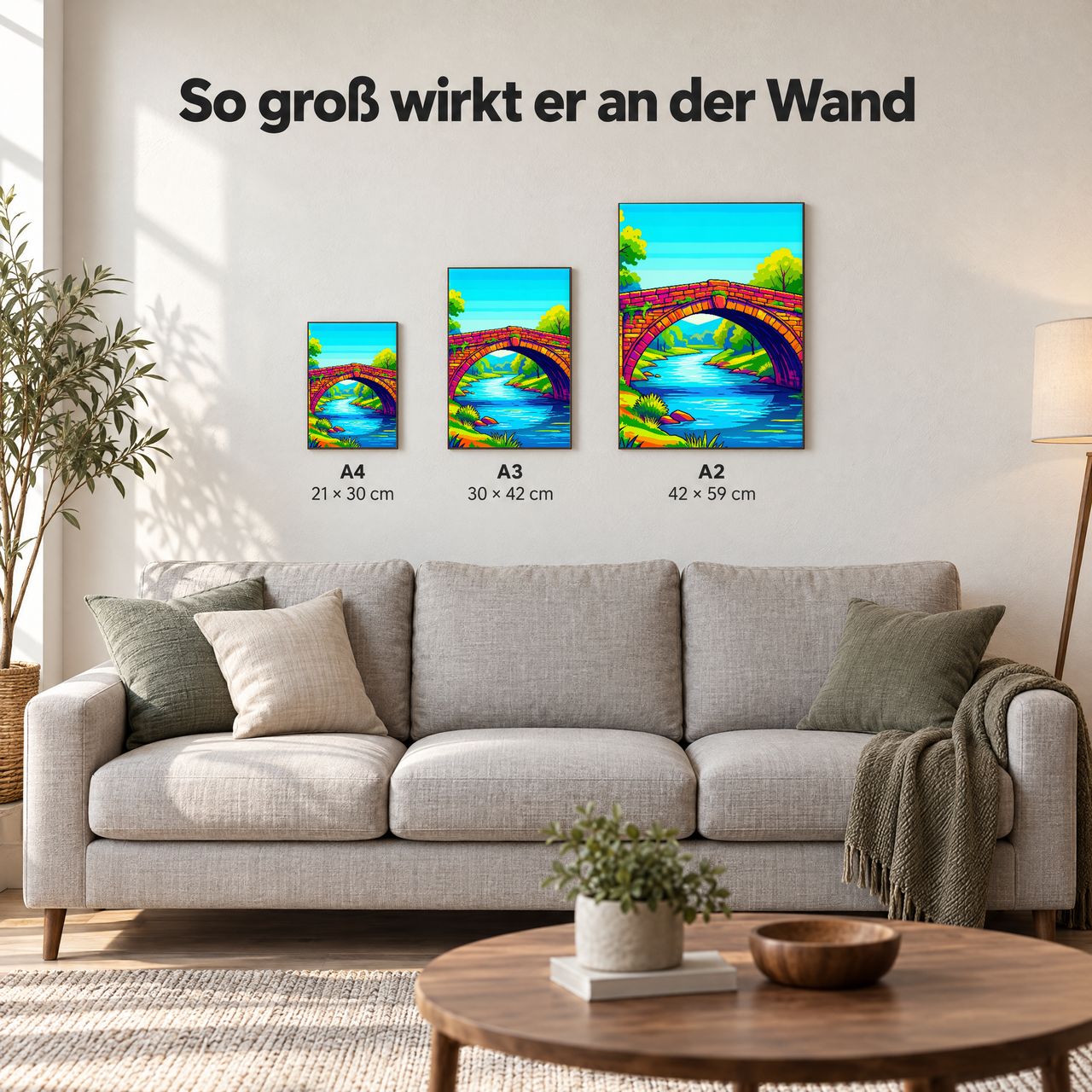 Holzposter Bunte Steinbrücke im Pop‑Stil in A4, A3 und A2 an der Wand über dem Sofa: so groß wirkt er