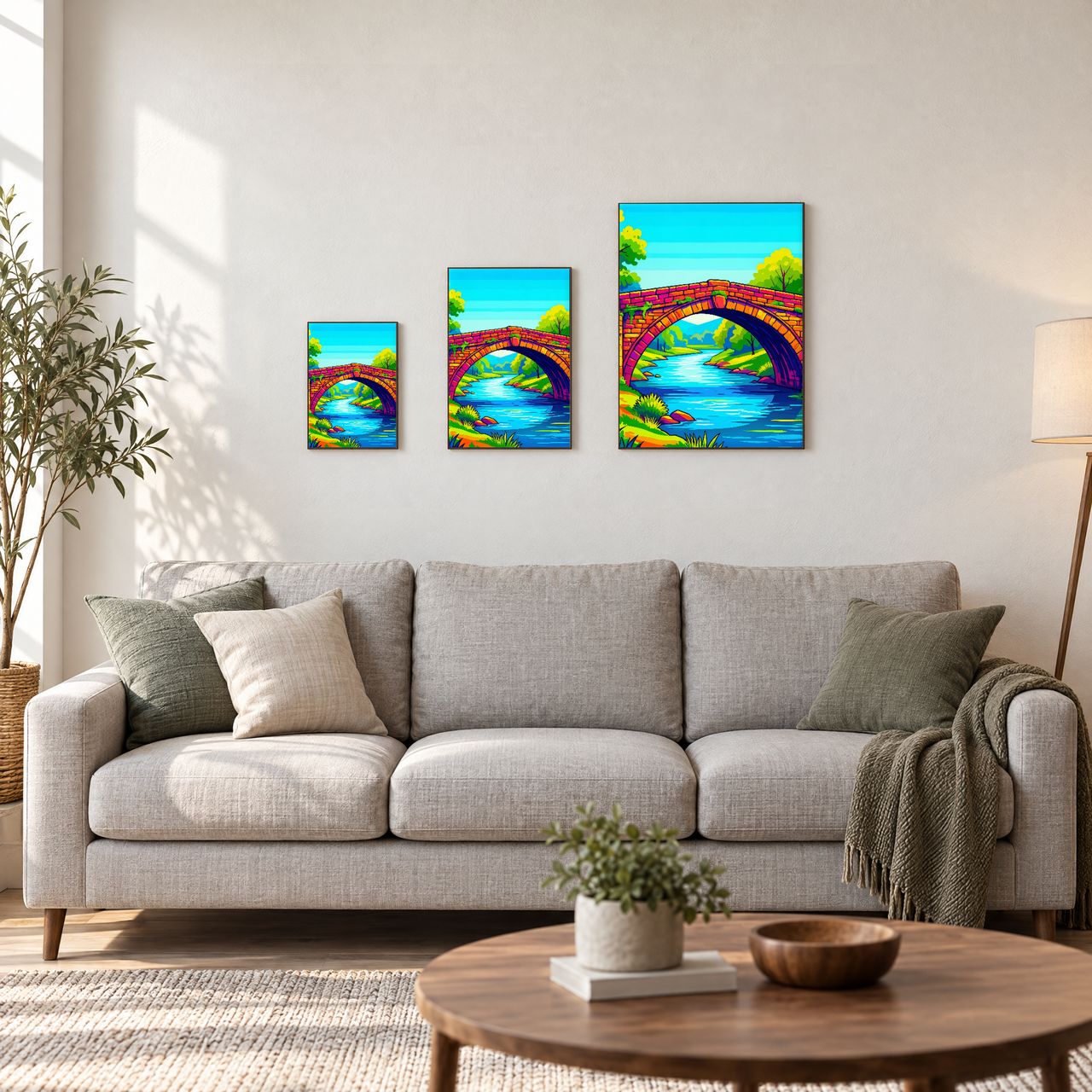 Holzposter Bunte Steinbrücke im Pop‑Stil in drei Größen, A4, A3 und A2, an der Wand über dem Sofa