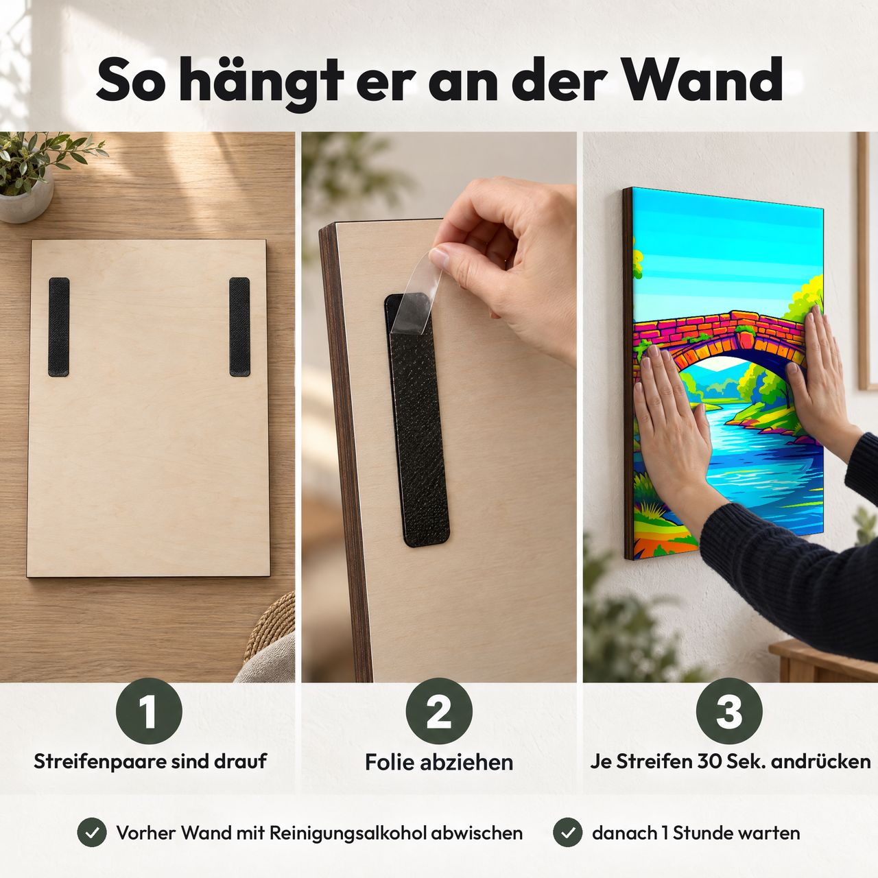 Holzposter Bunte Steinbrücke im Pop‑Stil in 3 Schritten an der Wand: Streifen sind drauf, Folie abziehen, andrücken