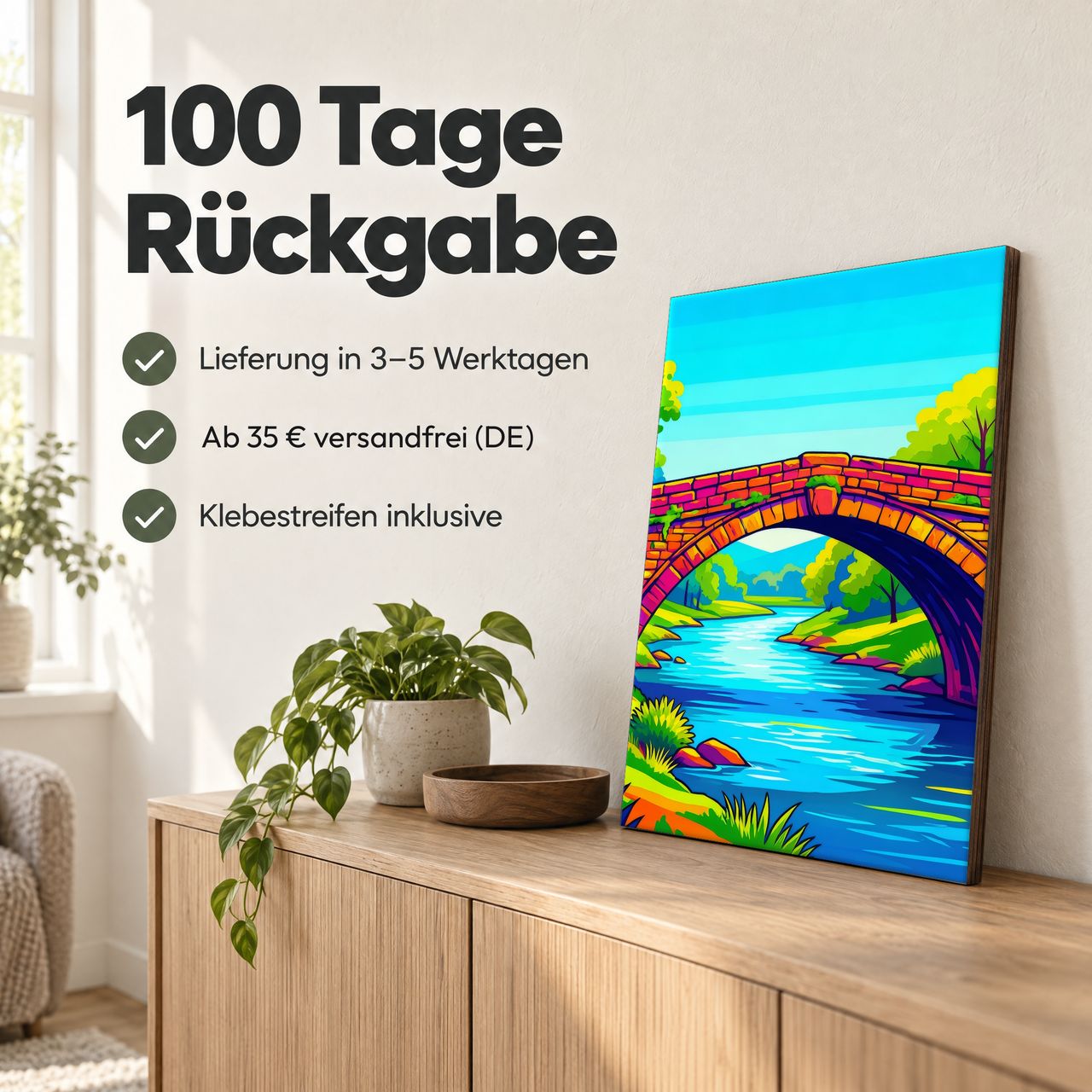 Holzposter Bunte Steinbrücke im Pop‑Stil: 100 Tage Rückgabe, Lieferung in 3–5 Werktagen, Klebestreifen inklusive