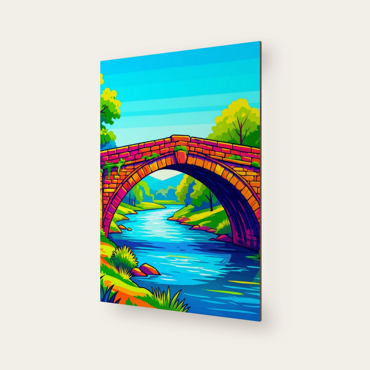 Schräg aufgenommenes Holzposter, sichtbare Holzkante, bunte Steinbrücke
