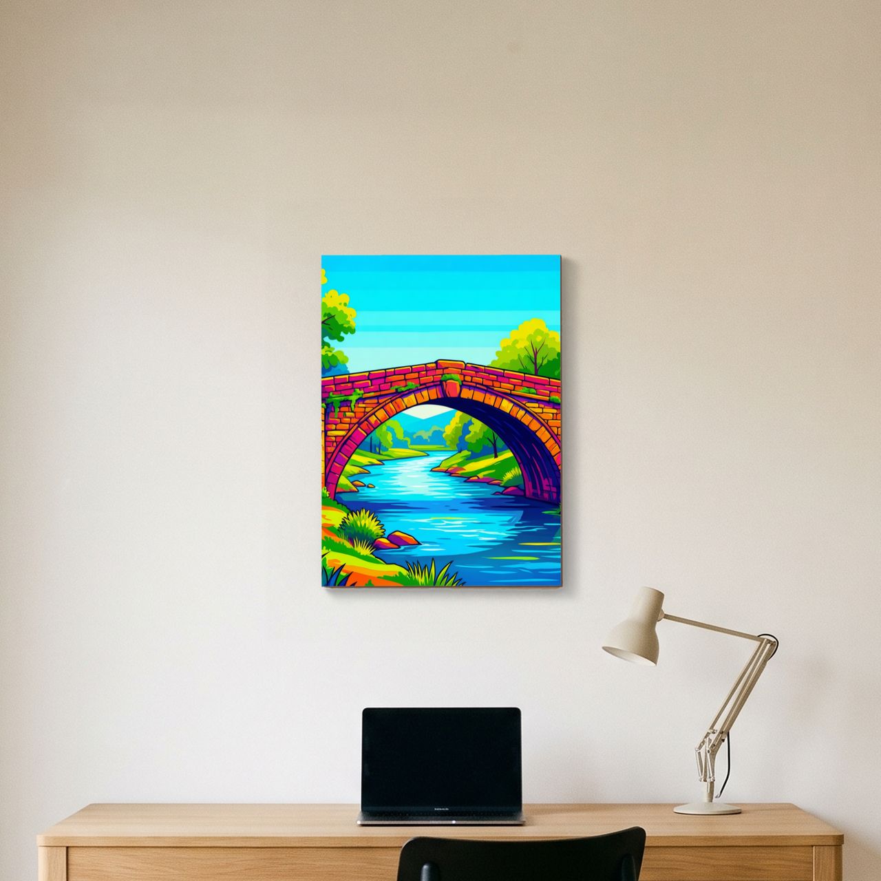 Holzposter mit bunter Steinbrücke im Arbeitszimmer