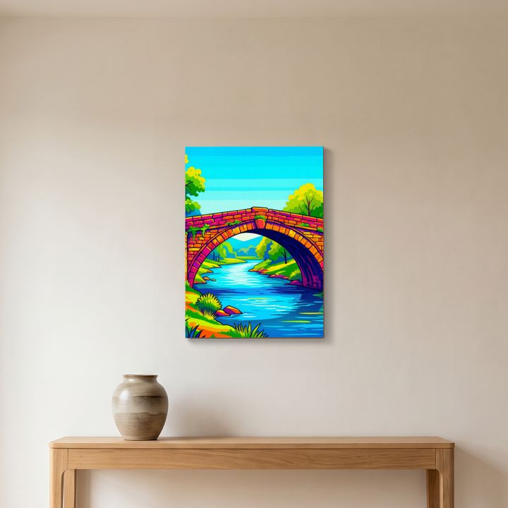 Holzposter hängt gerade an einer glatten Wand im Flur