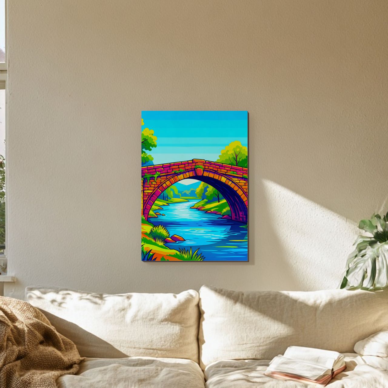 Bunte Steinbrücke im Pop‑Stil Holzposter an der Wand im sonnigen Wohnzimmer