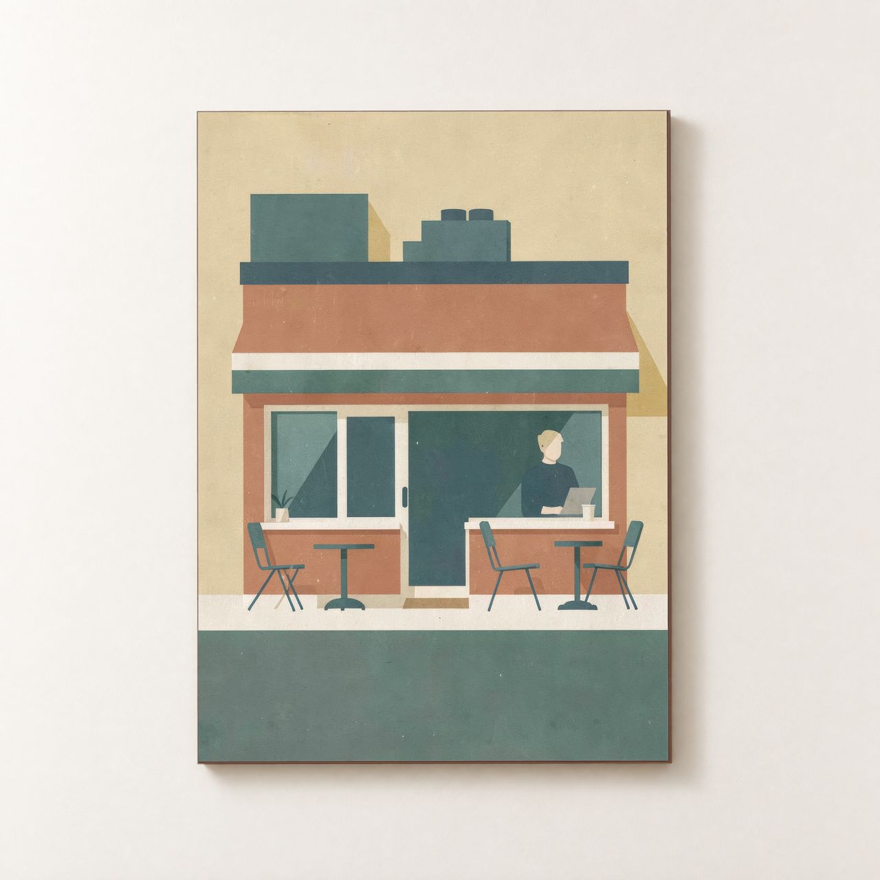 Vorderansicht des Holzposters mit einer terracotta‑roten Café‑Fassade, teal‑Markise und Glasfenstern