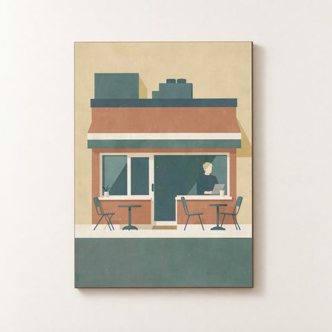 Vorderansicht des Holzposters mit einer terracotta‑roten Café‑Fassade, teal‑Markise und Glasfenstern
