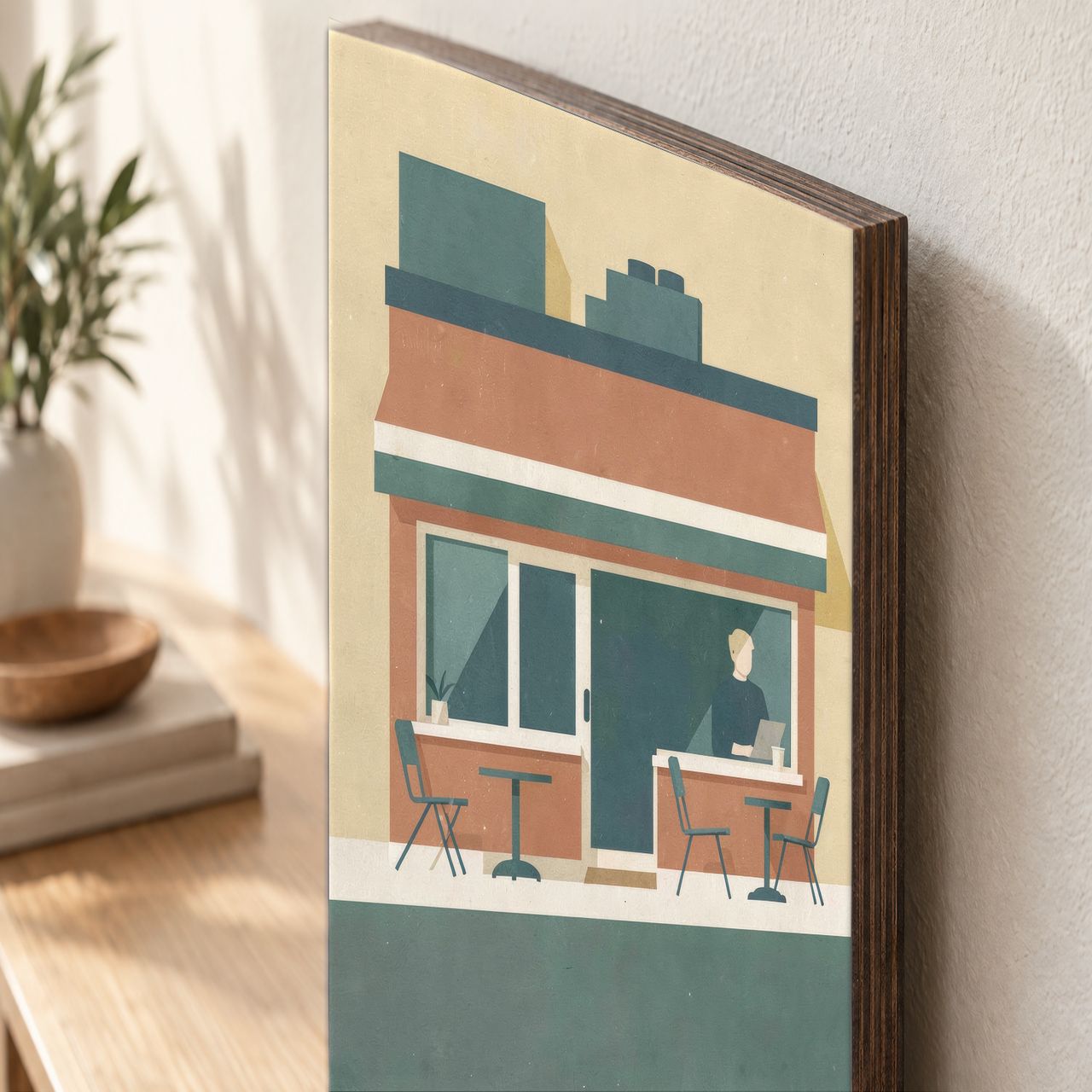Holzposter Café an der Straßenecke aus echtem Holz, 8–10 mm stark, mit sichtbarer Holzkante