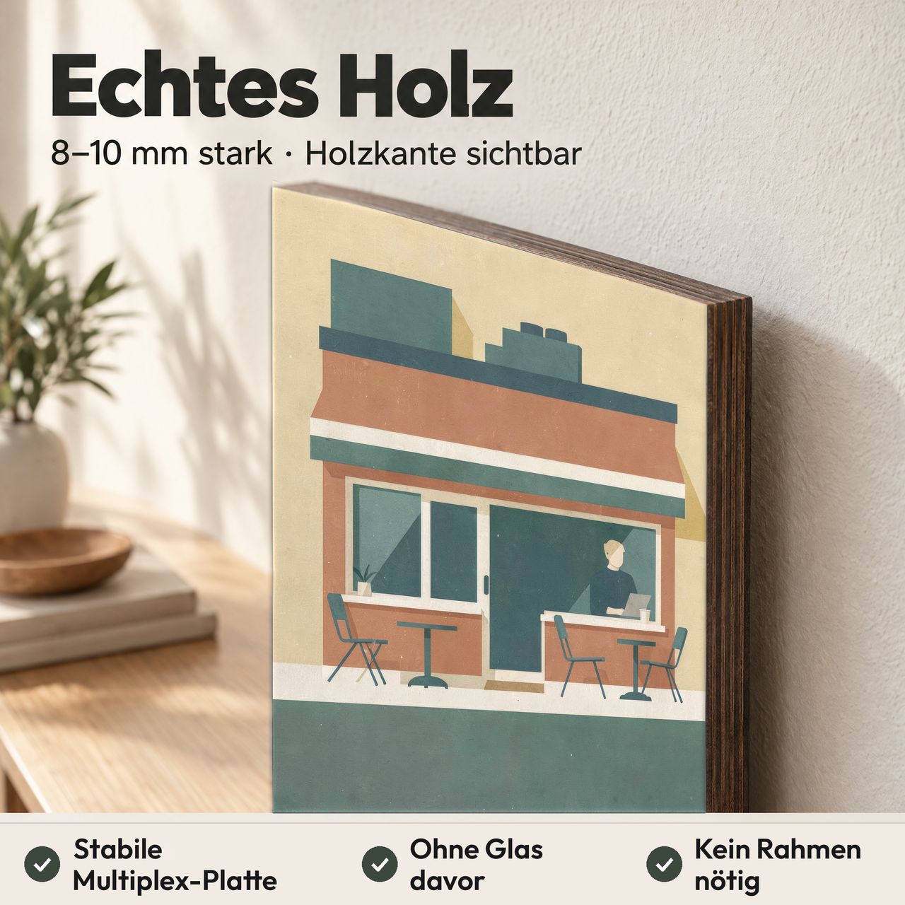 Holzposter Café an der Straßenecke aus echtem Holz, 8–10 mm stark, mit sichtbarer Holzkante