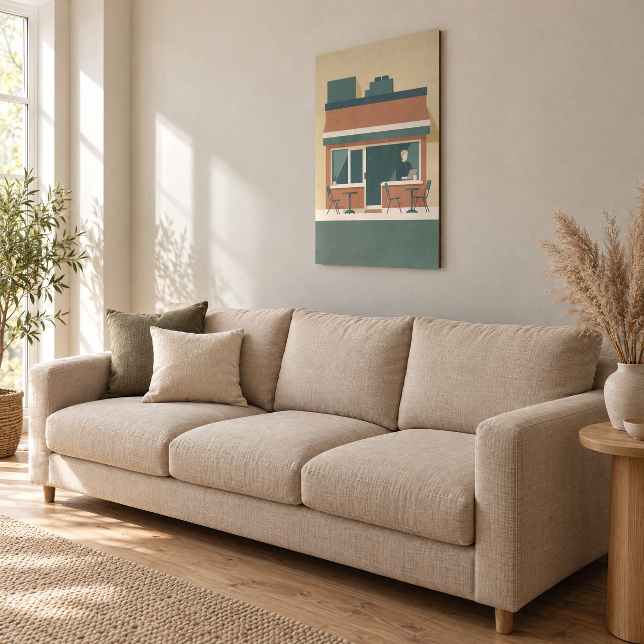 Café an der Straßenecke Holzposter über einem hellen Sofa im Wohnzimmer, schräg von der Seite gesehen