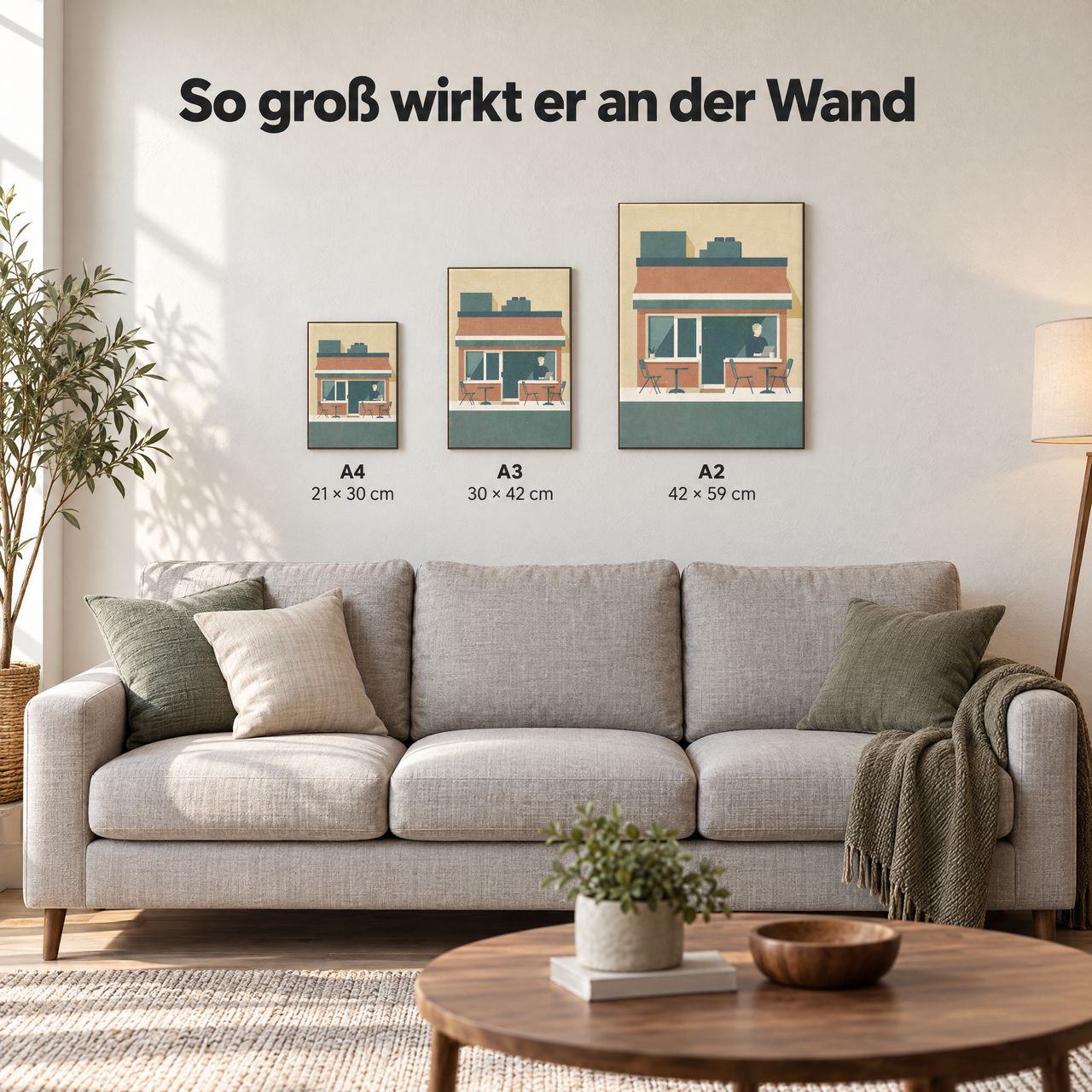 Holzposter Café an der Straßenecke in A4, A3 und A2 an der Wand über dem Sofa: so groß wirkt er