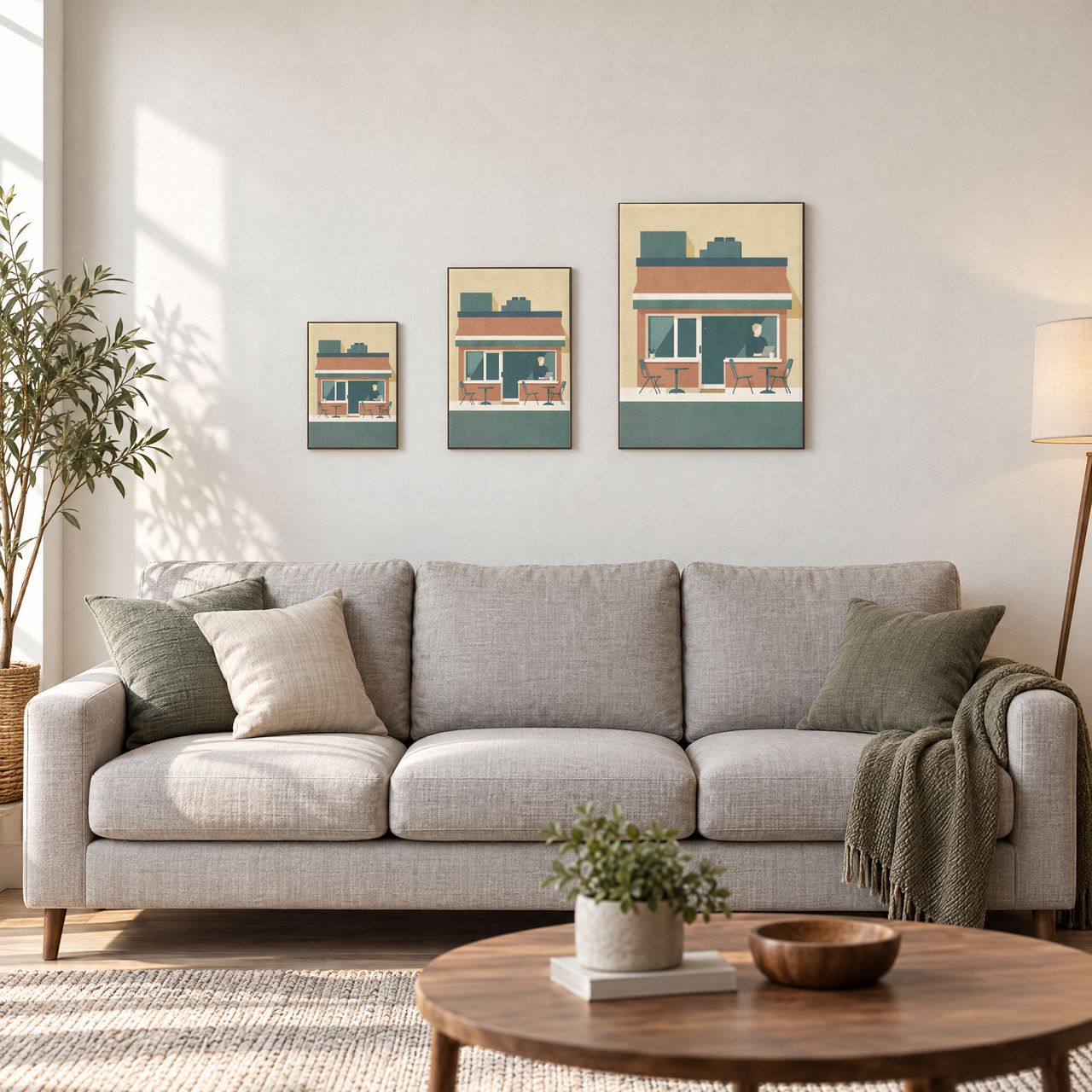 Holzposter Café an der Straßenecke in drei Größen, A4, A3 und A2, an der Wand über dem Sofa