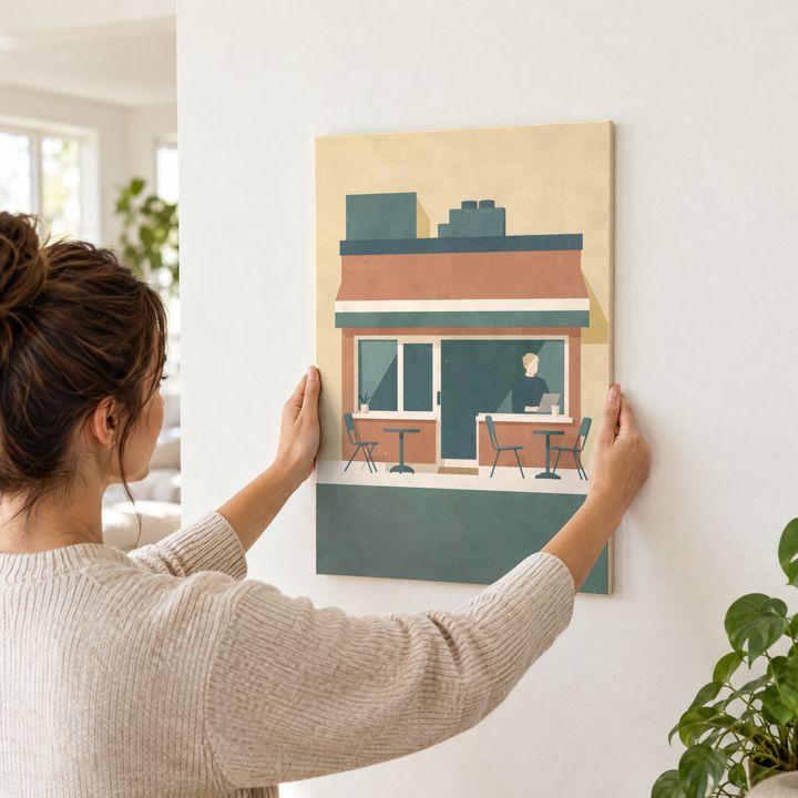 Holzposter wird mit beiden Händen fest an die Wand gedrückt