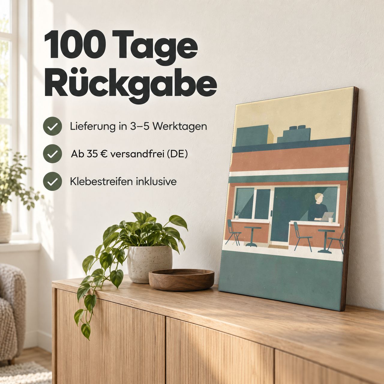 Holzposter Café an der Straßenecke: 100 Tage Rückgabe, Lieferung in 3–5 Werktagen, Klebestreifen inklusive