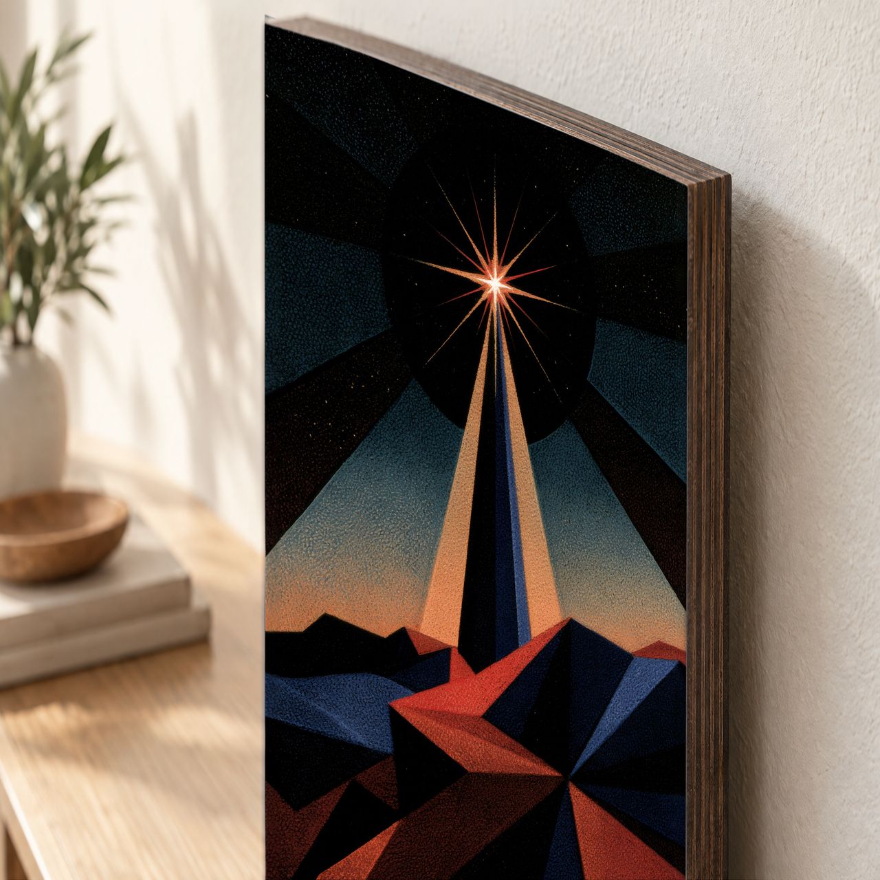 Holzposter Einzelner Stern im dunklen Winter aus echtem Holz, 8–10 mm stark, mit sichtbarer Holzkante