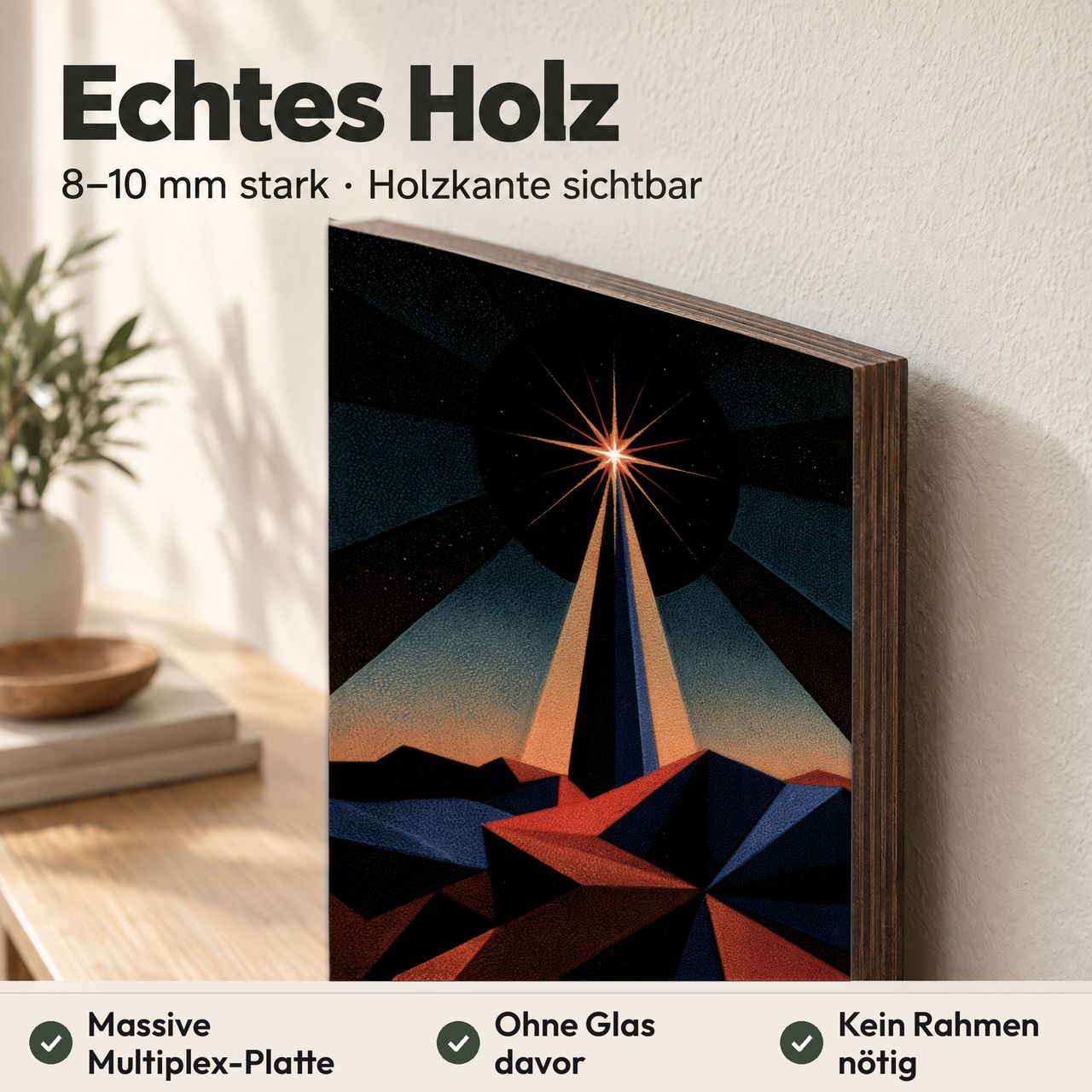 Holzposter Einzelner Stern im dunklen Winter aus echtem Holz, 8–10 mm stark, mit sichtbarer Holzkante