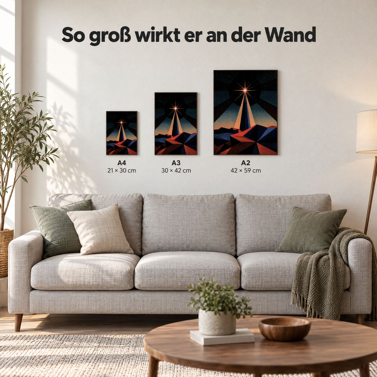 Holzposter Einzelner Stern im dunklen Winter in A4, A3 und A2 an der Wand über dem Sofa: so groß wirkt er