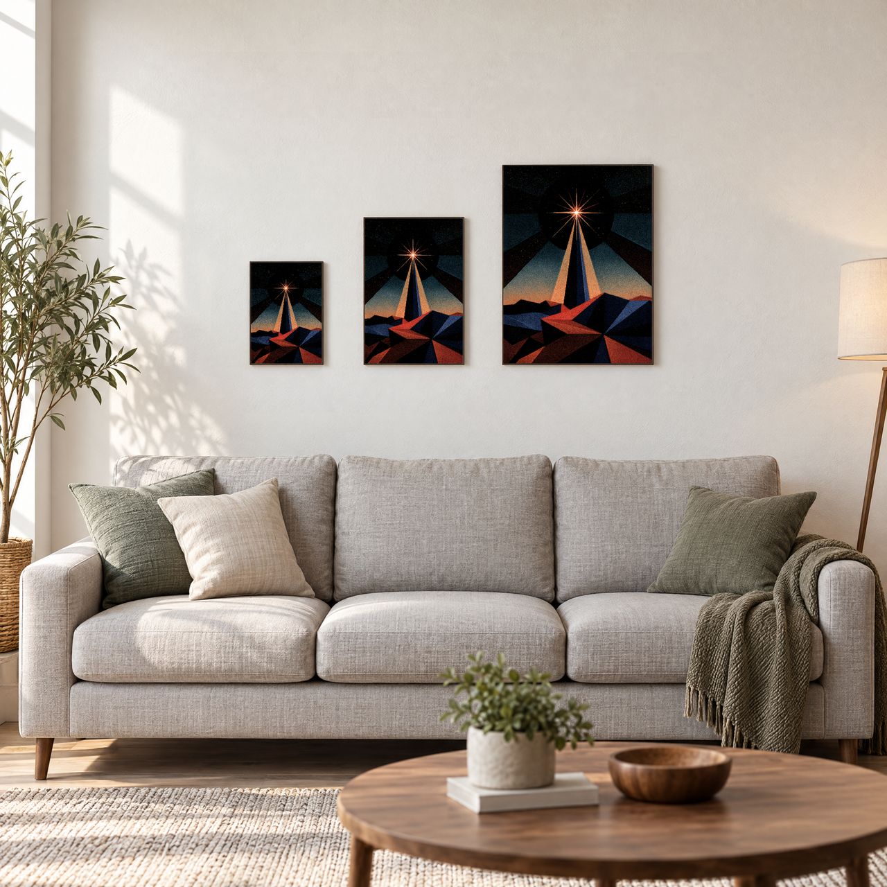 Holzposter Einzelner Stern im dunklen Winter in drei Größen, A4, A3 und A2, an der Wand über dem Sofa