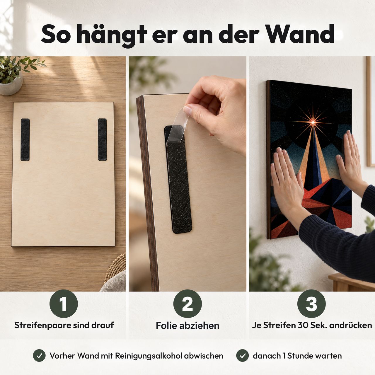 Holzposter Einzelner Stern im dunklen Winter in 3 Schritten an der Wand: Streifen sind drauf, Folie abziehen, andrücken